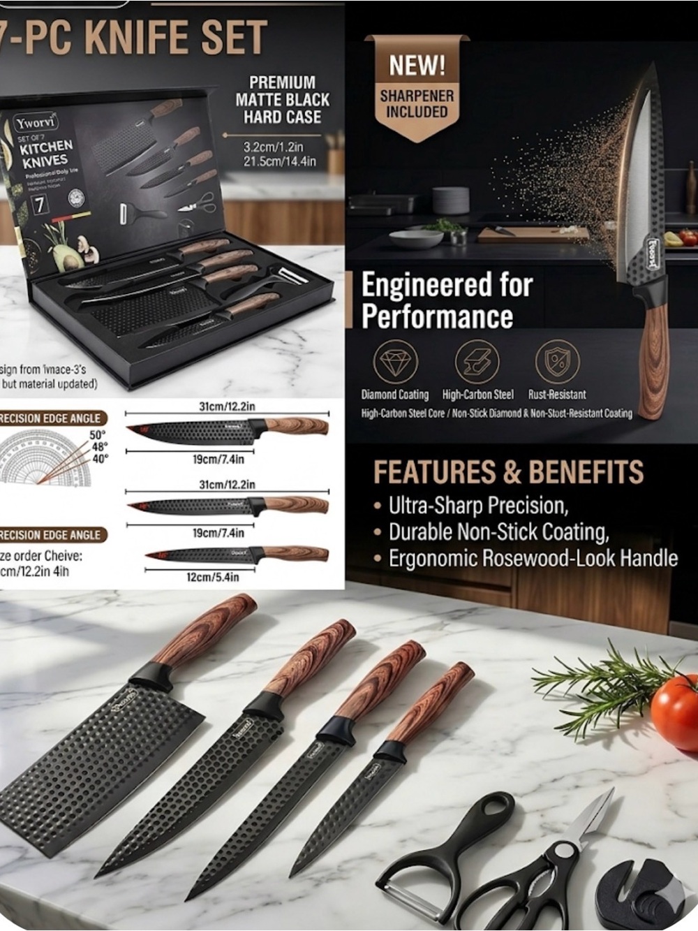 7-Piece Kitchen Knife Set with Wooden Handles - Black Blades
